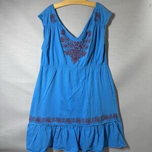 Johnny Was Womens Blue Embroidered Tunic Dress Size L Sleeveless Casual